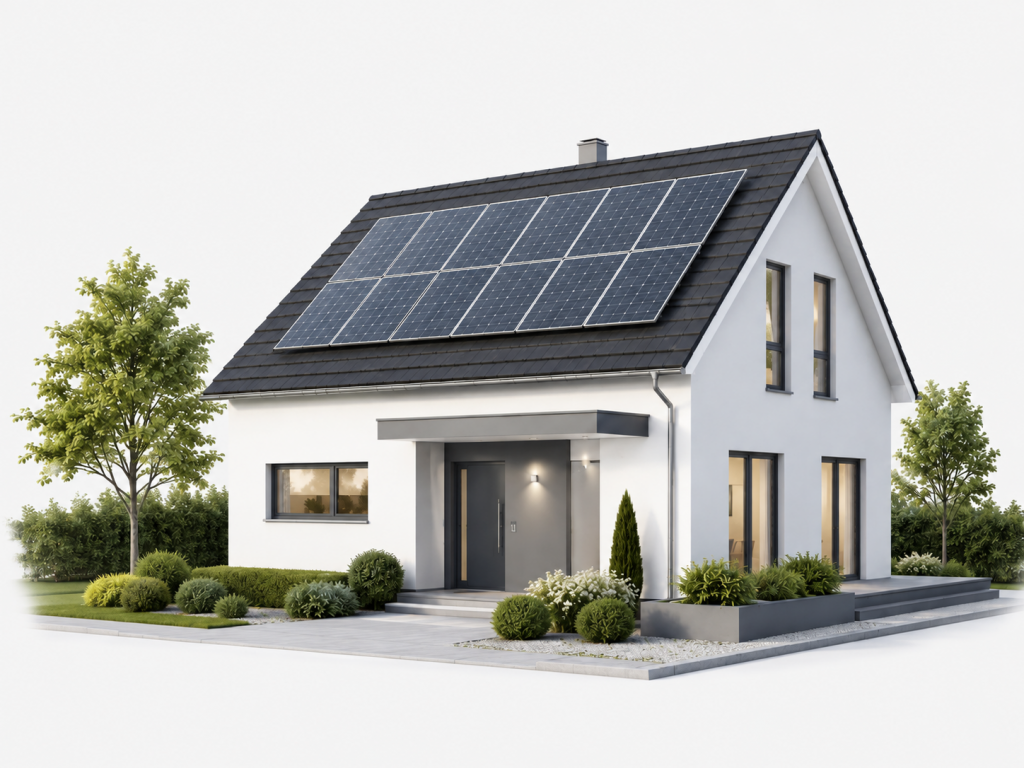 Modernes Einfamilienhaus mit Photovoltaikanlage auf dem Dach